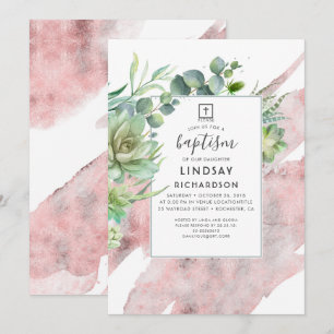 Succulents Greenery Rose Gold Glitter Baptism Invitation