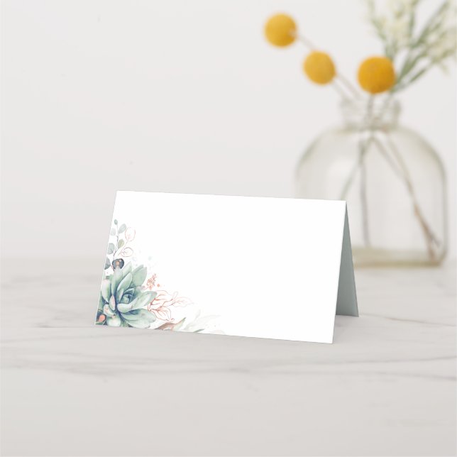 Succulents Greenery Rose Gold Leaves Wedding Place Card (Front)
