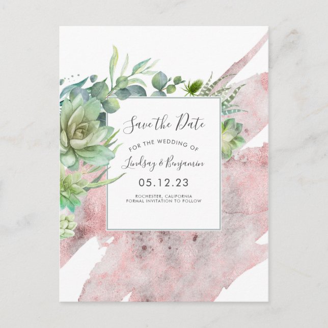 Succulents Greenery Rose Gold Save the Date Announcement Postcard (Front)