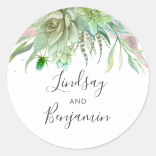 Succulents Greenery Rose Gold Wedding Classic Round Sticker