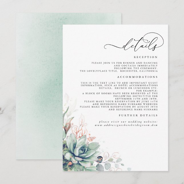 Succulents Greenery Rose Gold Wedding Details Enclosure Card (Front/Back)