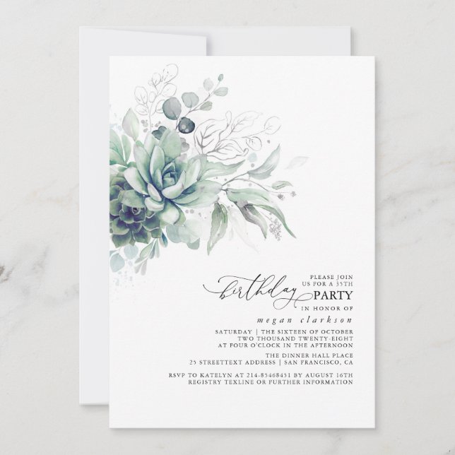 Succulents Greenery Silver Leaves Boho Birthday Invitation (Front)