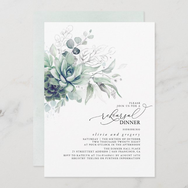 Succulents Greenery Silver Leaves Rehearsal Dinner Invitation (Front/Back)