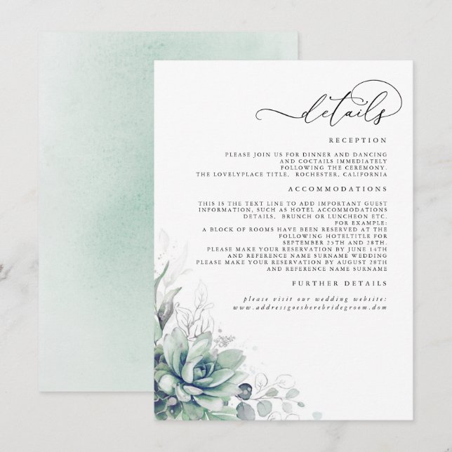 Succulents Greenery Silver Leaves Wedding Details Enclosure Card (Front/Back)