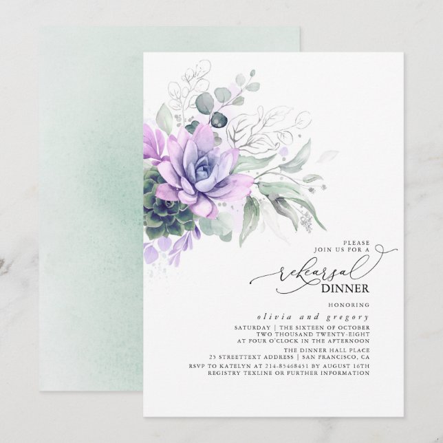 Succulents Greenery SilverLeaves Rehearsal Dinner Invitation (Front/Back)
