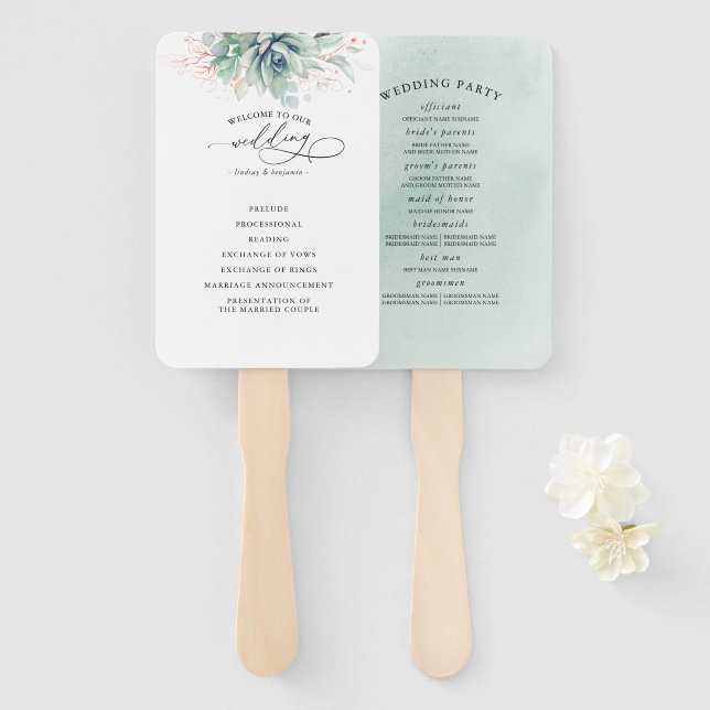 Succulents Greenery Wedding Program Hand Fan (Front and Back)