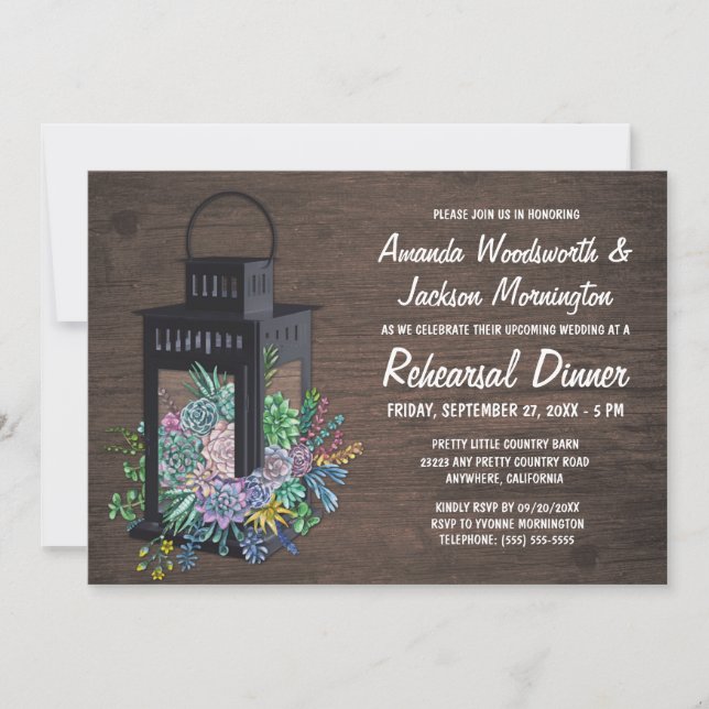 Succulents + Lantern Rehearsal Dinner Invitations (Front)