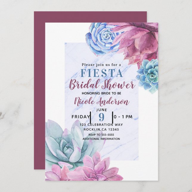 Succulents Modern Chic Marble Bridal Shower Fiesta Invitation (Front/Back)