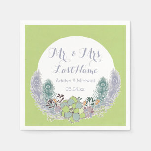 Succulents Peacock Feathers Wedding Paper Napkins