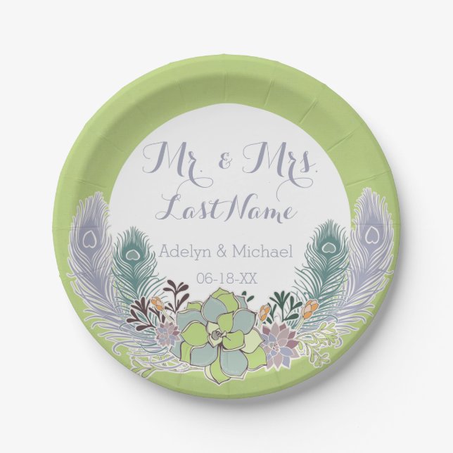 Succulents Peacock Feathers Wedding Paper Plates (Front)
