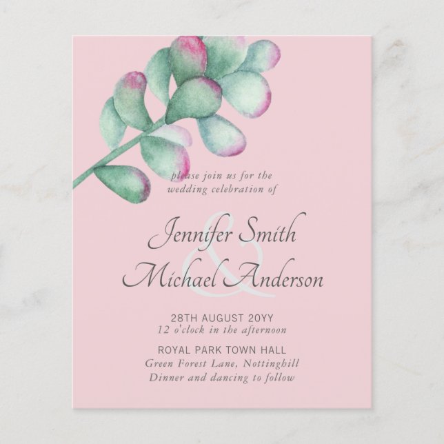 Succulents Pink Blush Mint Green Budget Wedding (Front)