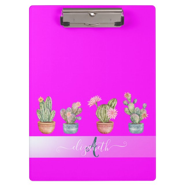 Succulents Pink Fluorescent Monogram Clipboard (Front)