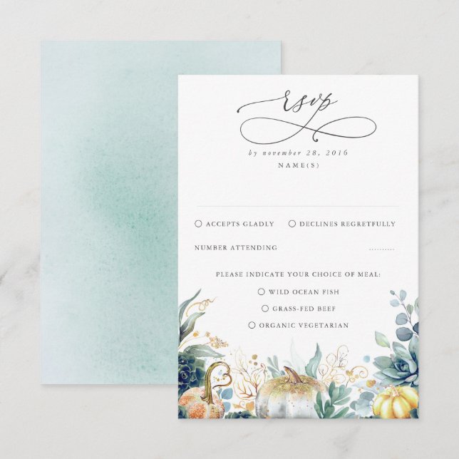 Succulents Pumpkins Greenery and Gold Wedding RSVP (Front/Back)