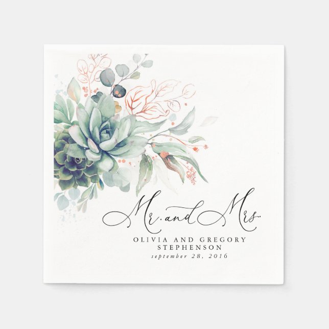 Succulents Rose Gold Greenery Elegant Boho Wedding Napkin (Front)