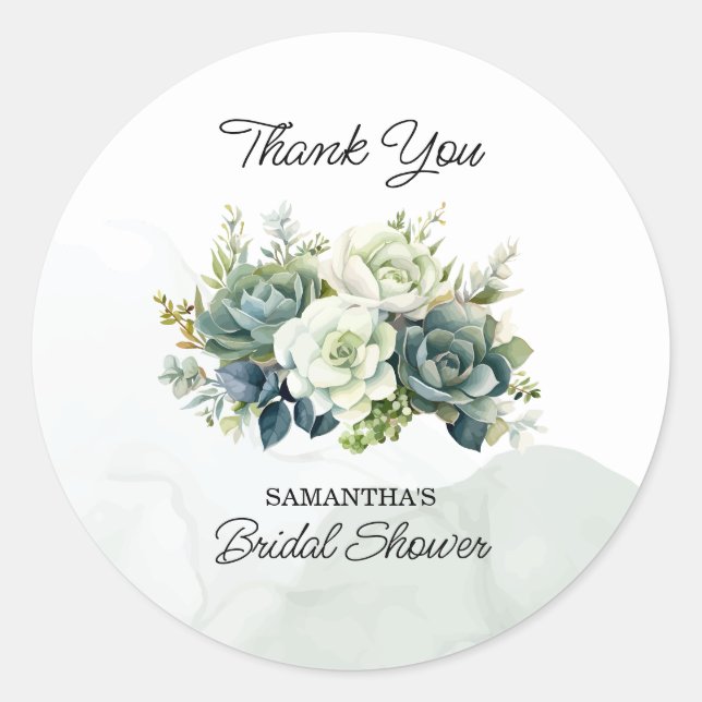 Succulents, roses and greenery Bridal Thank You Classic Round Sticker (Front)