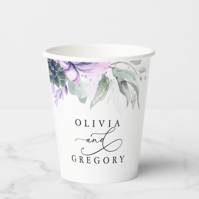 Succulents Silver Greenery Elegant Modern Wedding Paper Cups (Front)