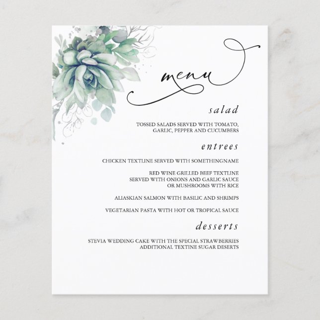 Succulents Silver Greenery Wedding Menu (Front)