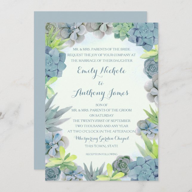 Succulents Smokey Blue Wedding Watercolor Invitation (Front/Back)
