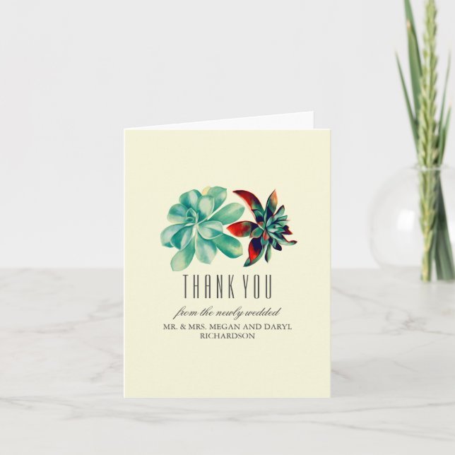 Succulents Teal Wedding Thank You Card (Front)