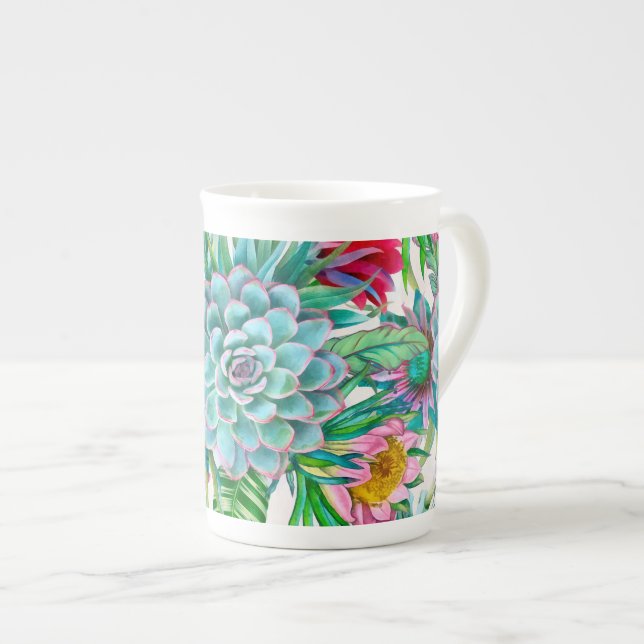 Succulents tropical garden bone china mug (Front Right)