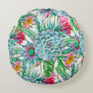 Succulents tropical garden round pillow