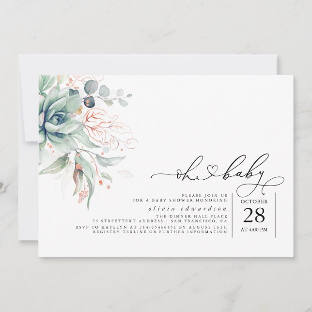 Succulents Verdure Oh Baby Baby shower Invitation (Devant)