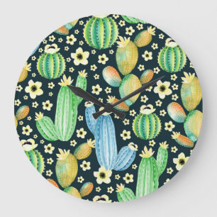 Succulents Watercolor Cactus Floral Pattern Large Clock