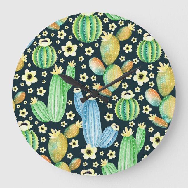 Succulents Watercolor Cactus Floral Pattern Large Clock (Front)