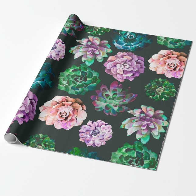Succulents watercolor illustration pattern wrapping paper (Unrolled)