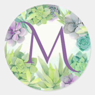 Succulents Watercolor Monogram Classic Round Sticker