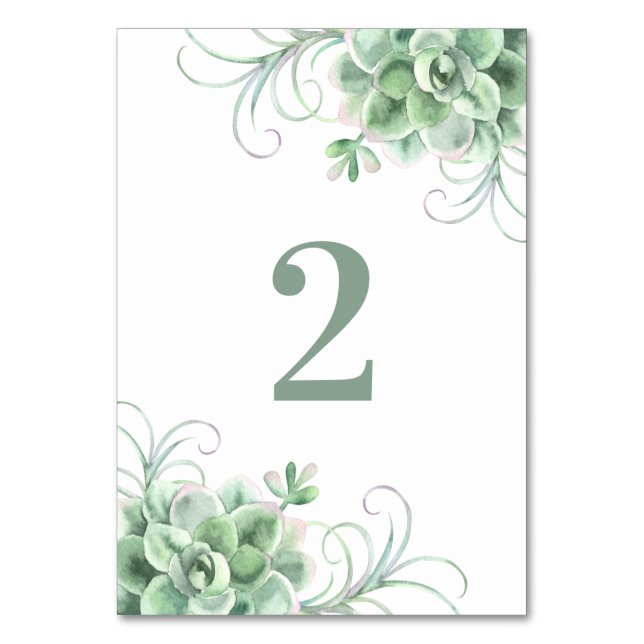 Succulents wedding. Green cactus. Watercolor cacti Table Number (Front)