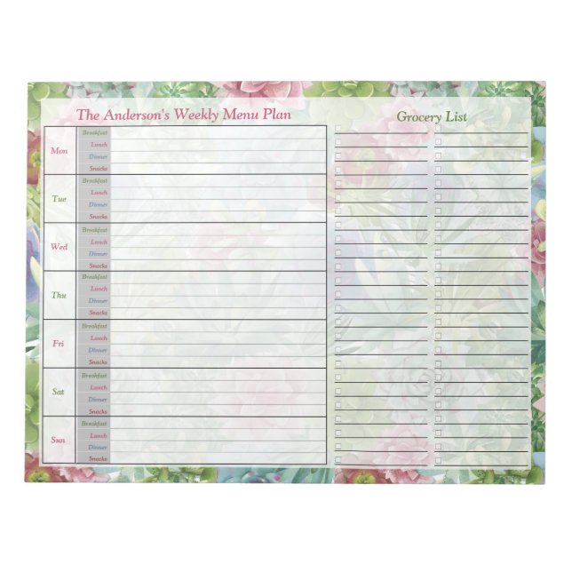 Succulents Weekly Personalized Menu Plan Notepad (Front)