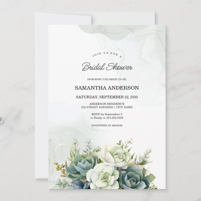 Succulents, white roses and greenery Bridal Shower Invitation (Front)