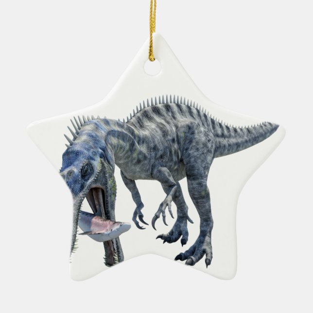 Suchomimus Dinosaur Eating a Shark Ceramic Ornament (Front)