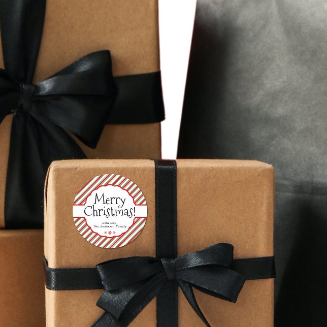 Sucre de canne rouge et blanc Grille Étiquettes ca (Modern Minimal Red and Green Candy Cane Stripes Classic Round Sticker)