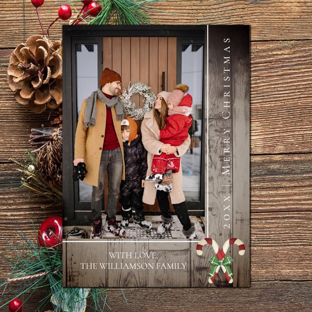 Sucres de canne rustiques Noël | CARTE PHOTO BROWN (Brown Rustic Candy Canes Christmas Photo Card)