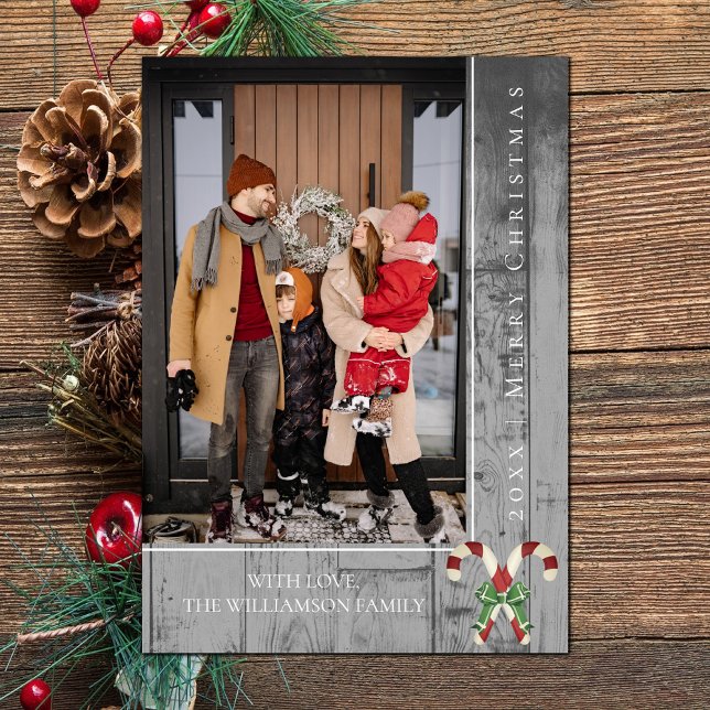 Sucres de canne rustiques Noël | Carte photo gris (Gray Rustic Candy Canes Christmas Photo Card)