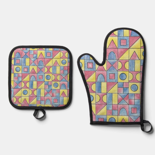 Sudoku One-Modern Bauhaus Geometric Art Oven Mitt & Pot Holder Set (Front)