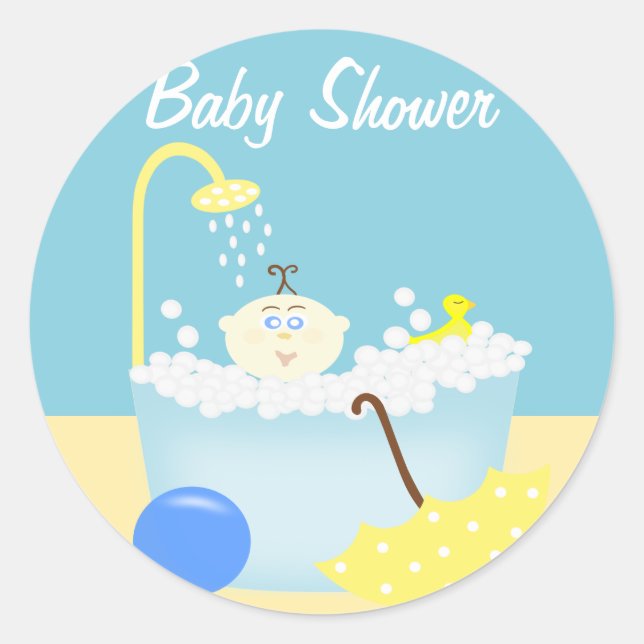 Sudsy Bathtub Blue Baby Shower Sticker (Front)