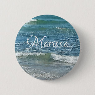 Sudsy Blue Atlantic Ocean Shore Custom Name 2 Inch Round Button