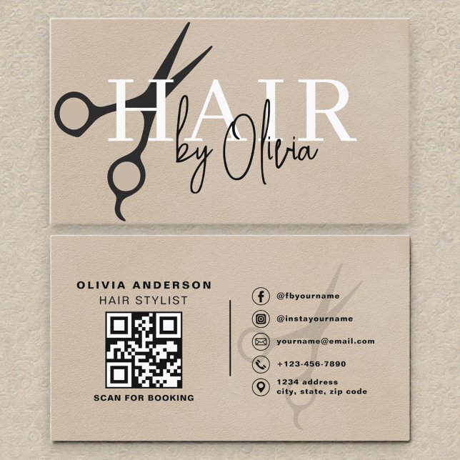 Suede Neutral Scissors QR Code Hair Stylist  Business Card (Creator Uploaded)