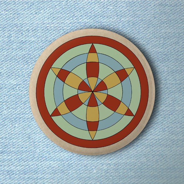 Suffolk Hexafoil (Daisy Wheel) Witch Mark 2 Inch Round Button (Suffolk Hexafoil (Daisy Wheel) Witch Mark Button on Light Denim)