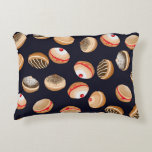 Sufganiyot Doughnuts: Hanukkah Vintage Pattern Accent Pillow<br><div class="desc">Seamless pattern with deep fried sufganiyot doughnuts set, powdered sugar topping, with jam filling isolated on black background. Israel pastry. Traditional Hanukkah dish. Vintage illustration. Immerse yourself in the richness of Hanukkah traditions with sufganiyot doughnuts. Hannukah sweetness: Traditional Hanukkah sufganiyot doughnuts form a delicious, isolated pattern. hannukah, illustration, pastry, background,...</div>