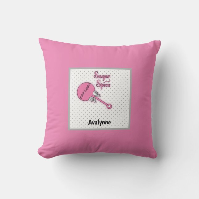 Sugar and Spice Polka Dot Rattle Baby Name  Throw Pillow (Front)