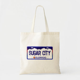 Sugar City Colorado blue license plate tote bag