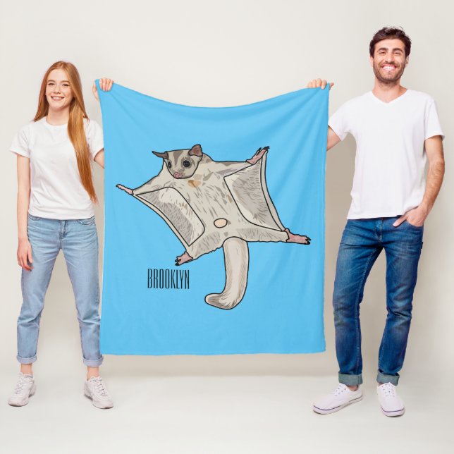 Sugar glider cartoon illustration fleece blanket (In Situ)