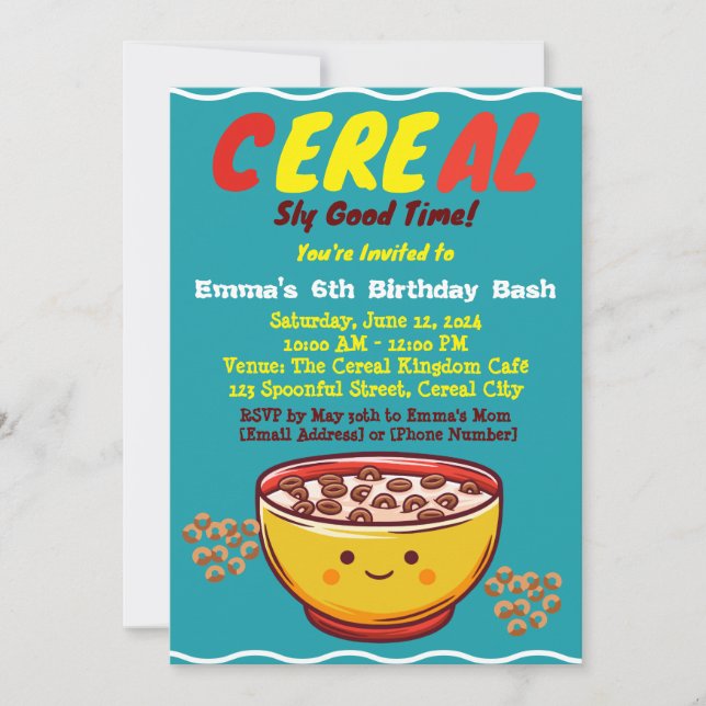 Sugar Rush and Sweet Surprises: A Cereal Party Invitation (Front)