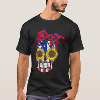 Sugar Skull American Flag Sunflower Floral Flowers T-Shirt