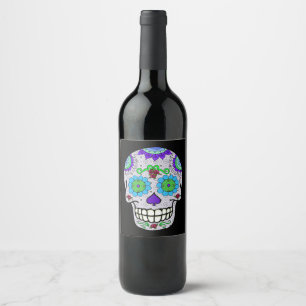 Sugar Skull Aqua Flower Eyes, Day of the Dead Wine Label