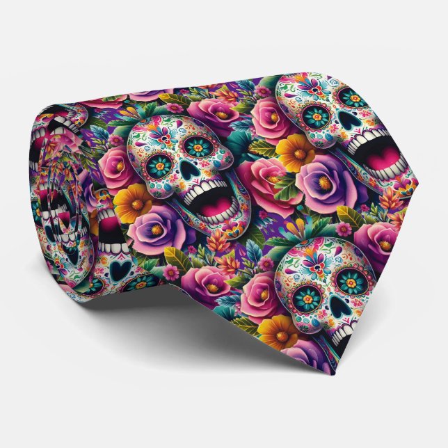 Sugar Skull Art - Bouquet of Bones Tie (Rolled)